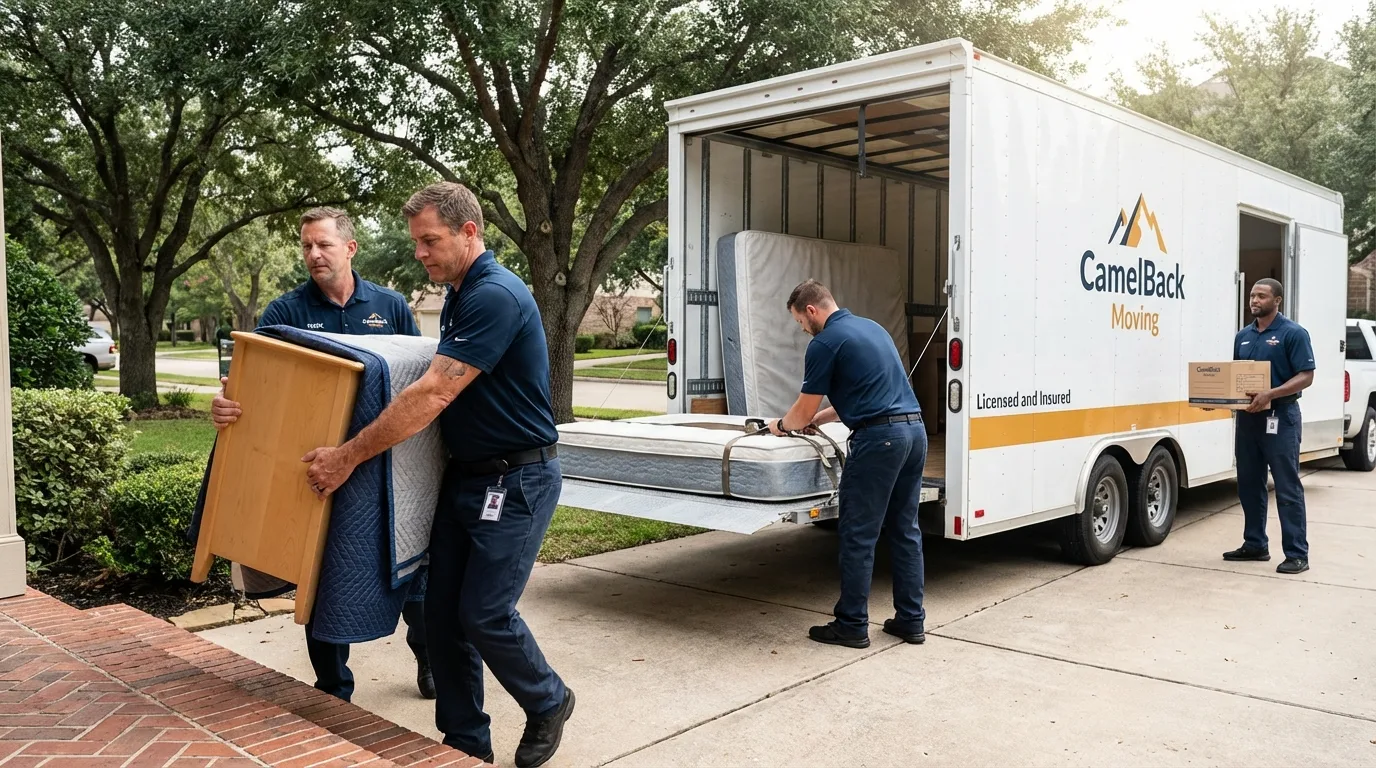 Crew loading residential truck for cross-state move from Albany, WI