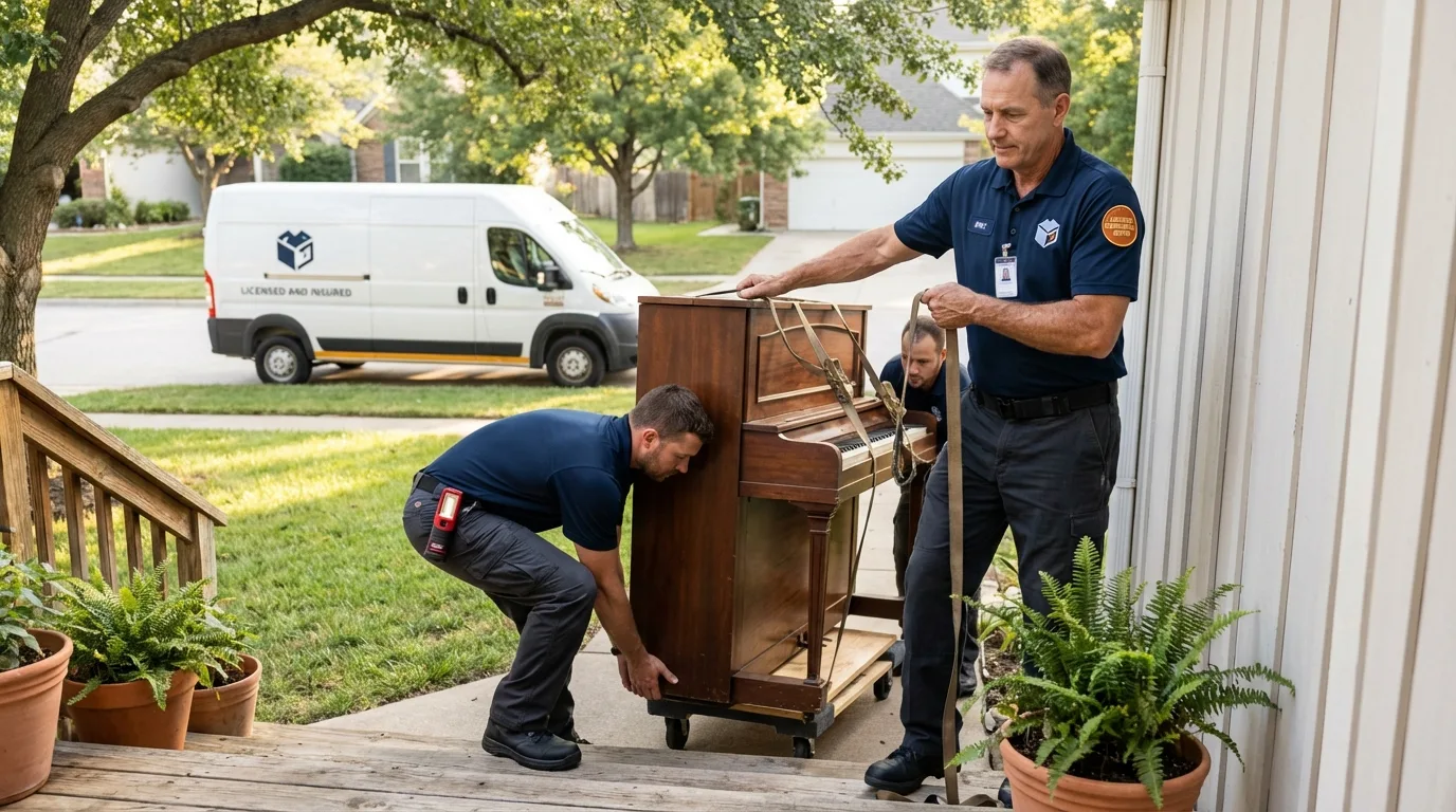 Licensed piano movers securing grand piano in Albany, WI