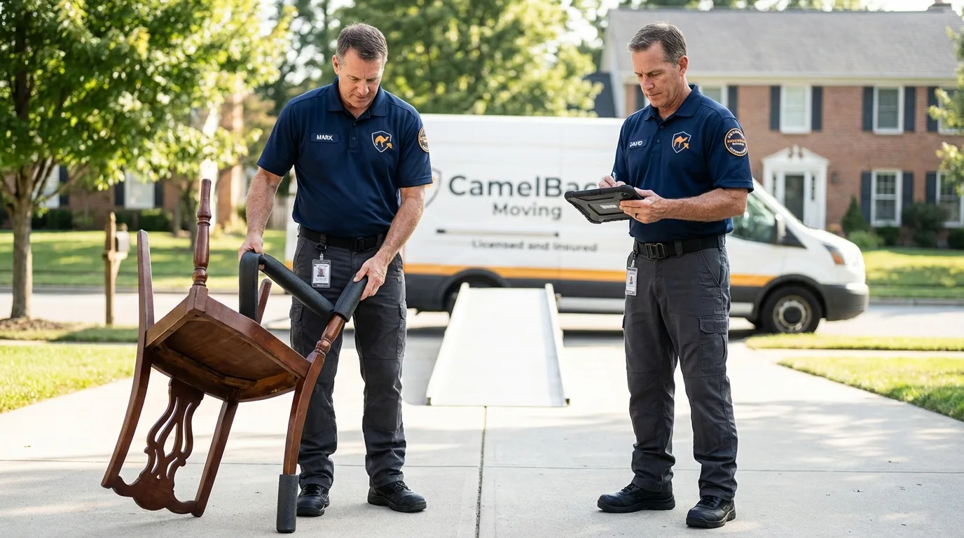 Movers inspecting furniture for damage prevention before loading in Albany, WI