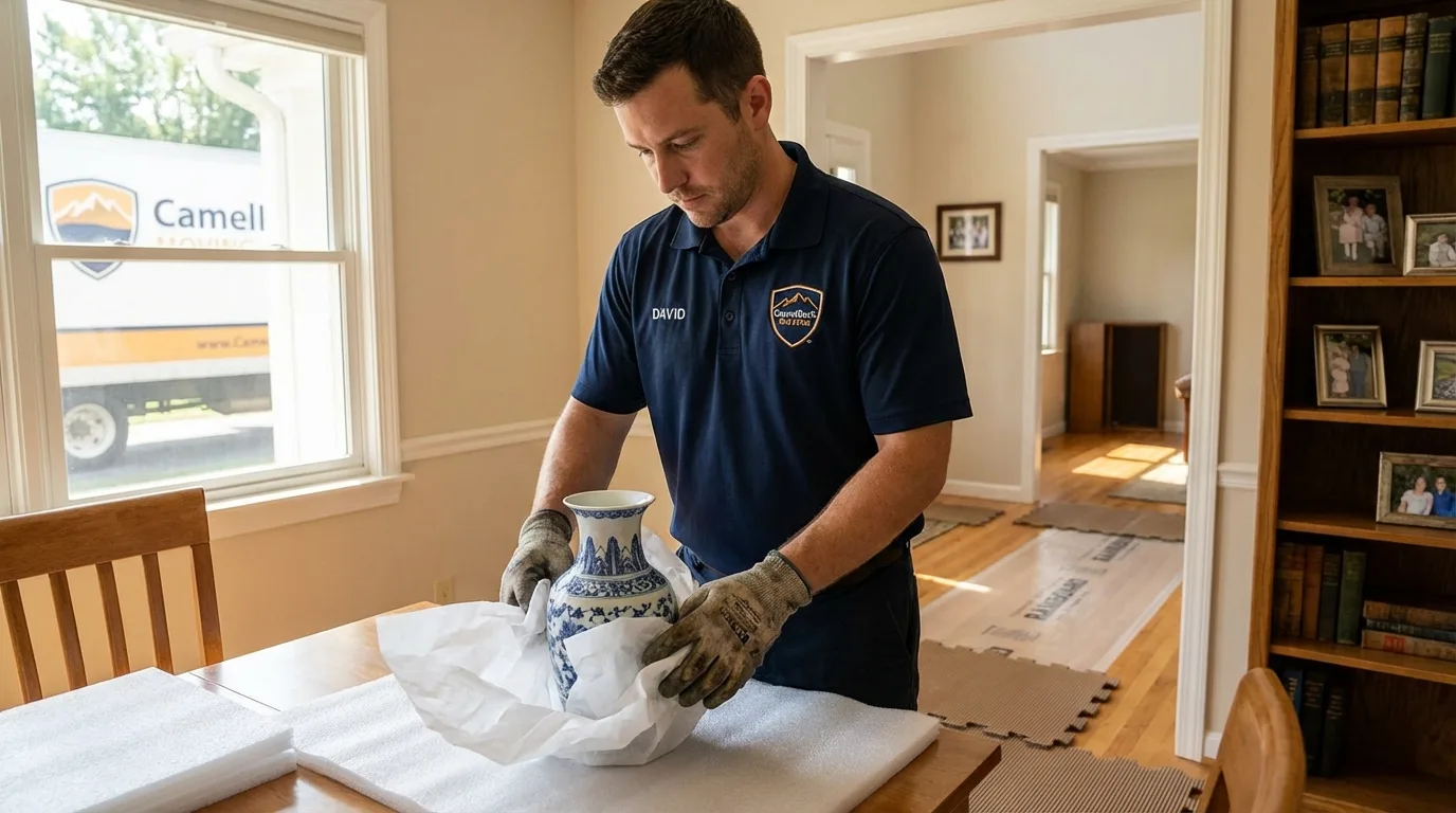 Professional crew carefully wrapping antique vase for senior downsizing move in Albany, WI
